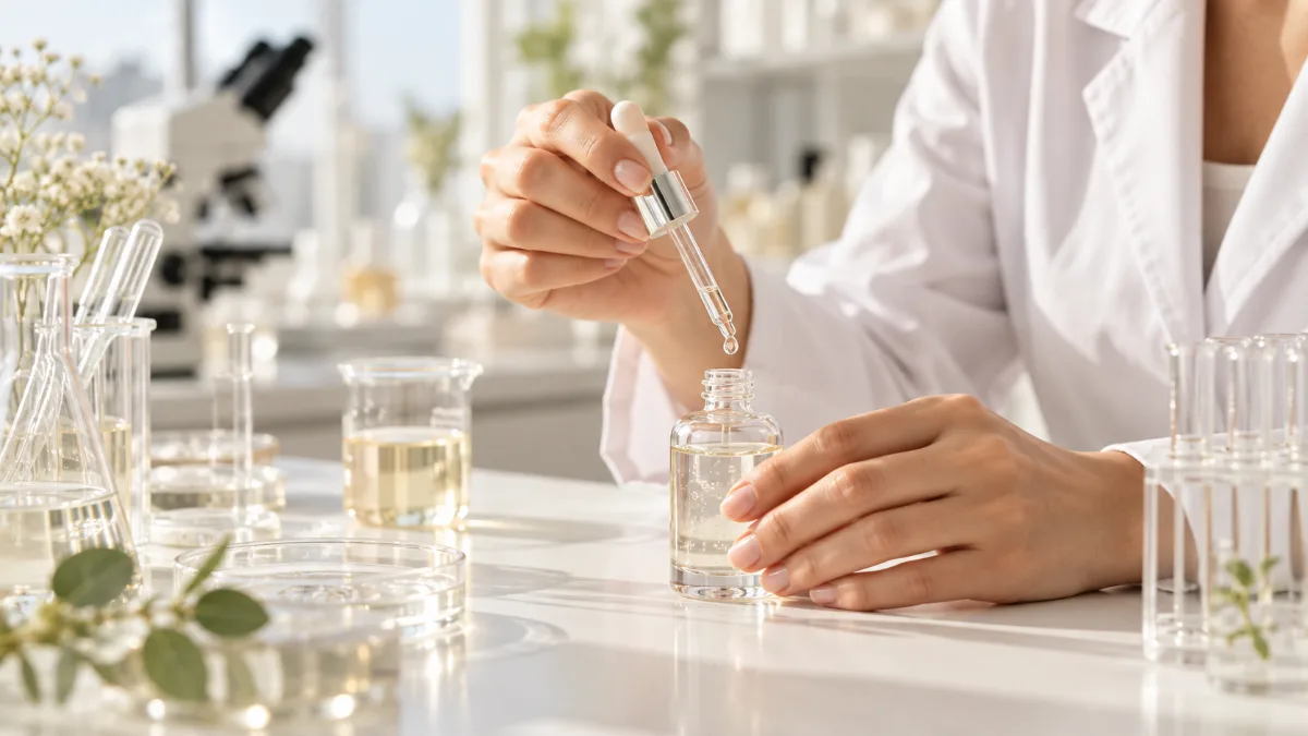 化粧品のトレンド成分を配合した美容液サンプルを研究ラボで確認する研究員の手元