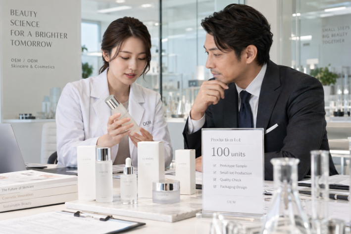 化粧品OEMで小ロット100個の商品開発を相談する様子