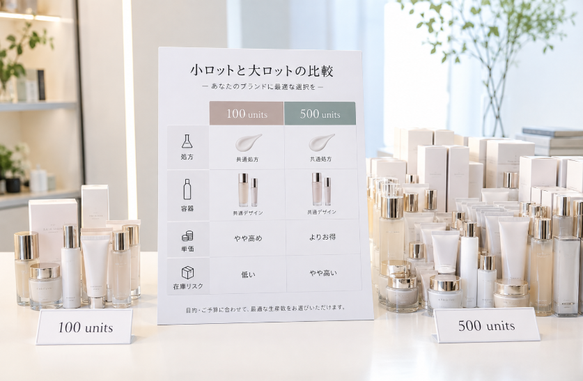 化粧品OEMの100個と500個の違いを比較したイメージ